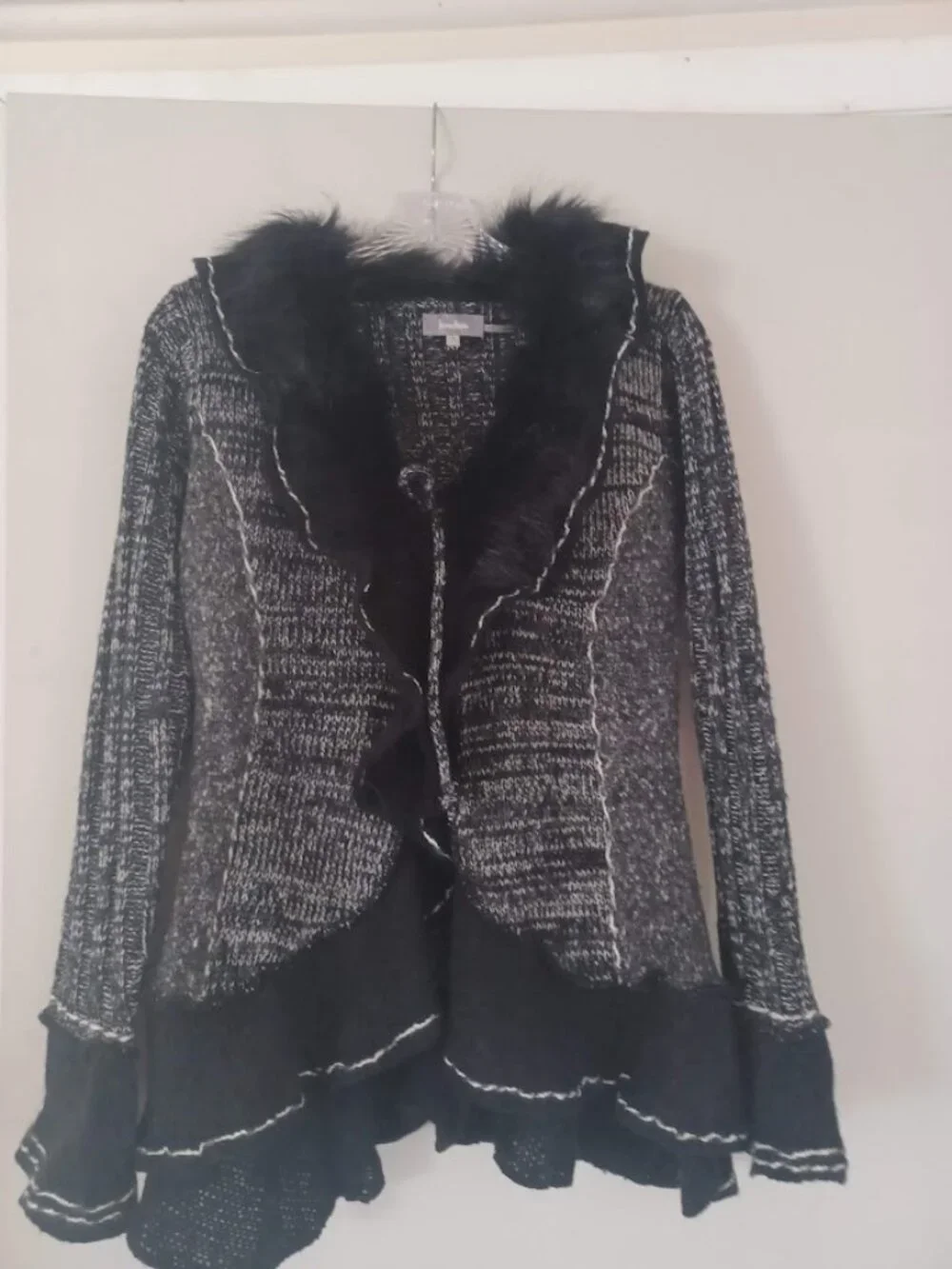 Neiman Marcus Black Gray Marled Knit Faux Fur Ruffle Cardigan Sweater Jacket – S